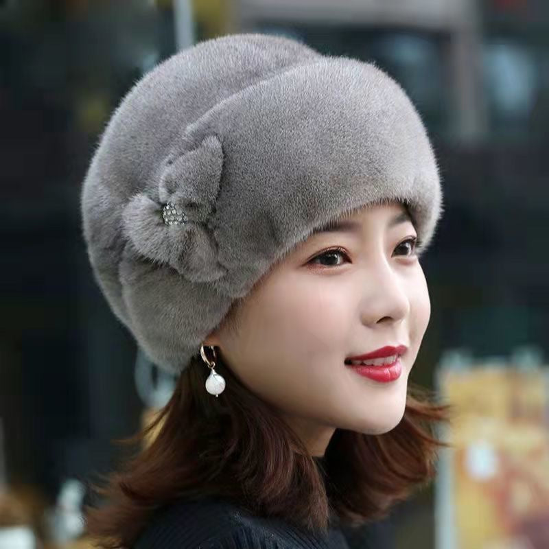 Genuine Mink Fur Thickened Windproof Crystal Flower Insulated Hat