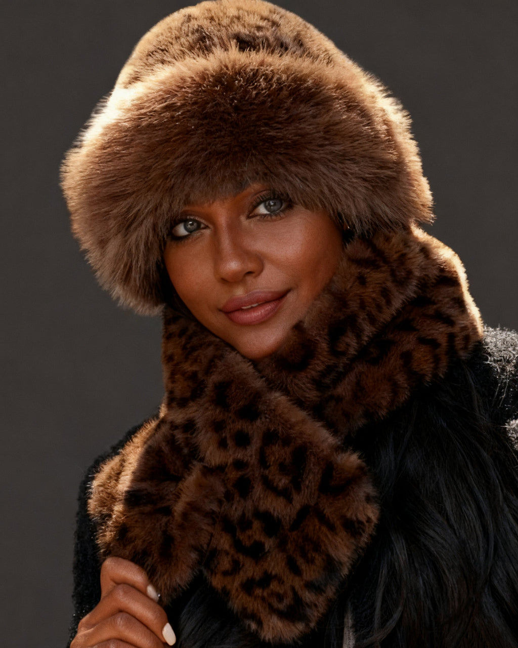 Leopard Print Thickened Warm Fluffy Hat Scarf Set