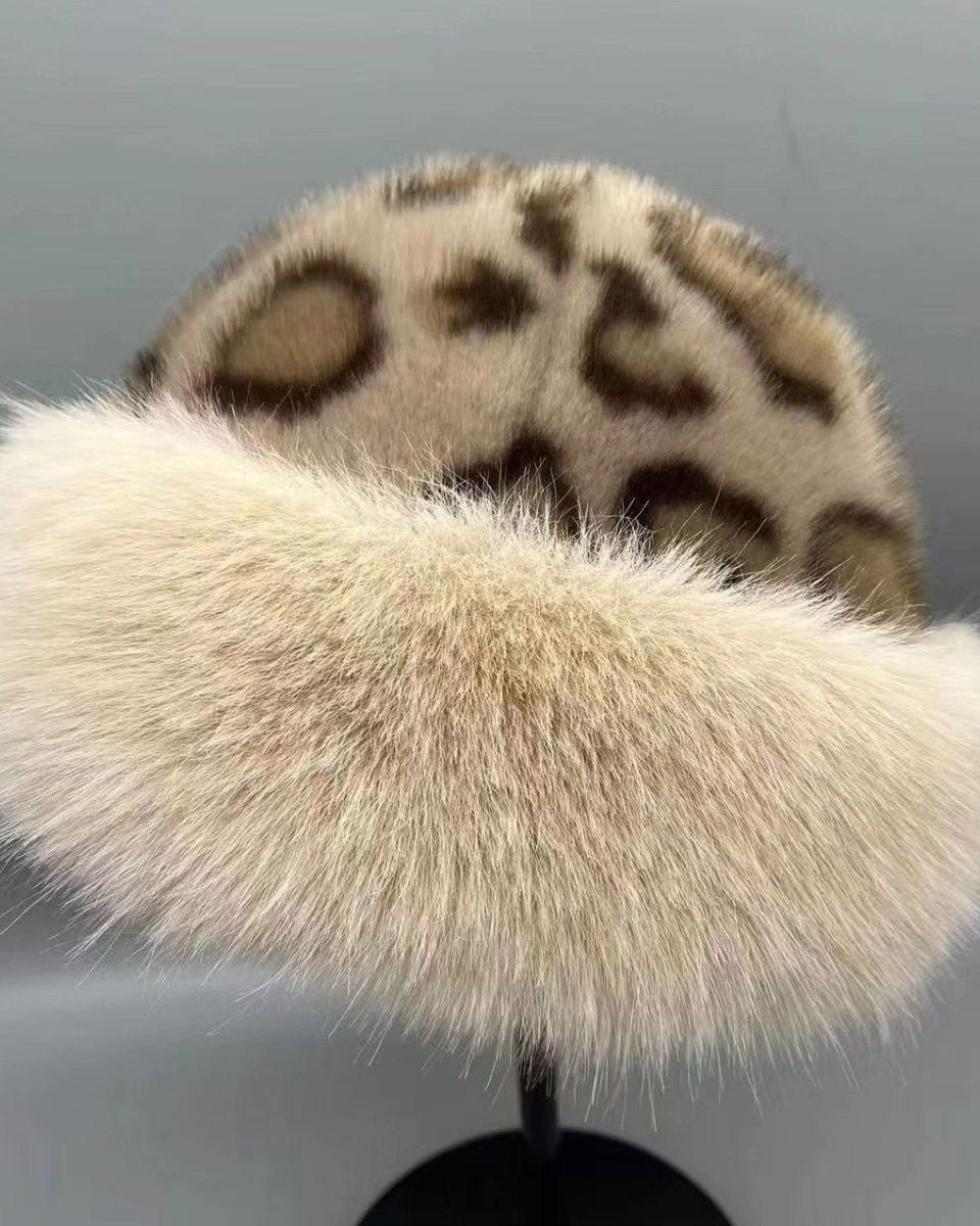Women's Leopard Print Knitted Mongolian Hat, Thick Warm Hat