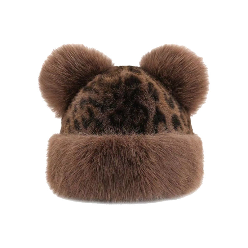 Autumn And Winter Bear Ears Thickened Warm Ear Protection Leopard Plush Mongolian Hat