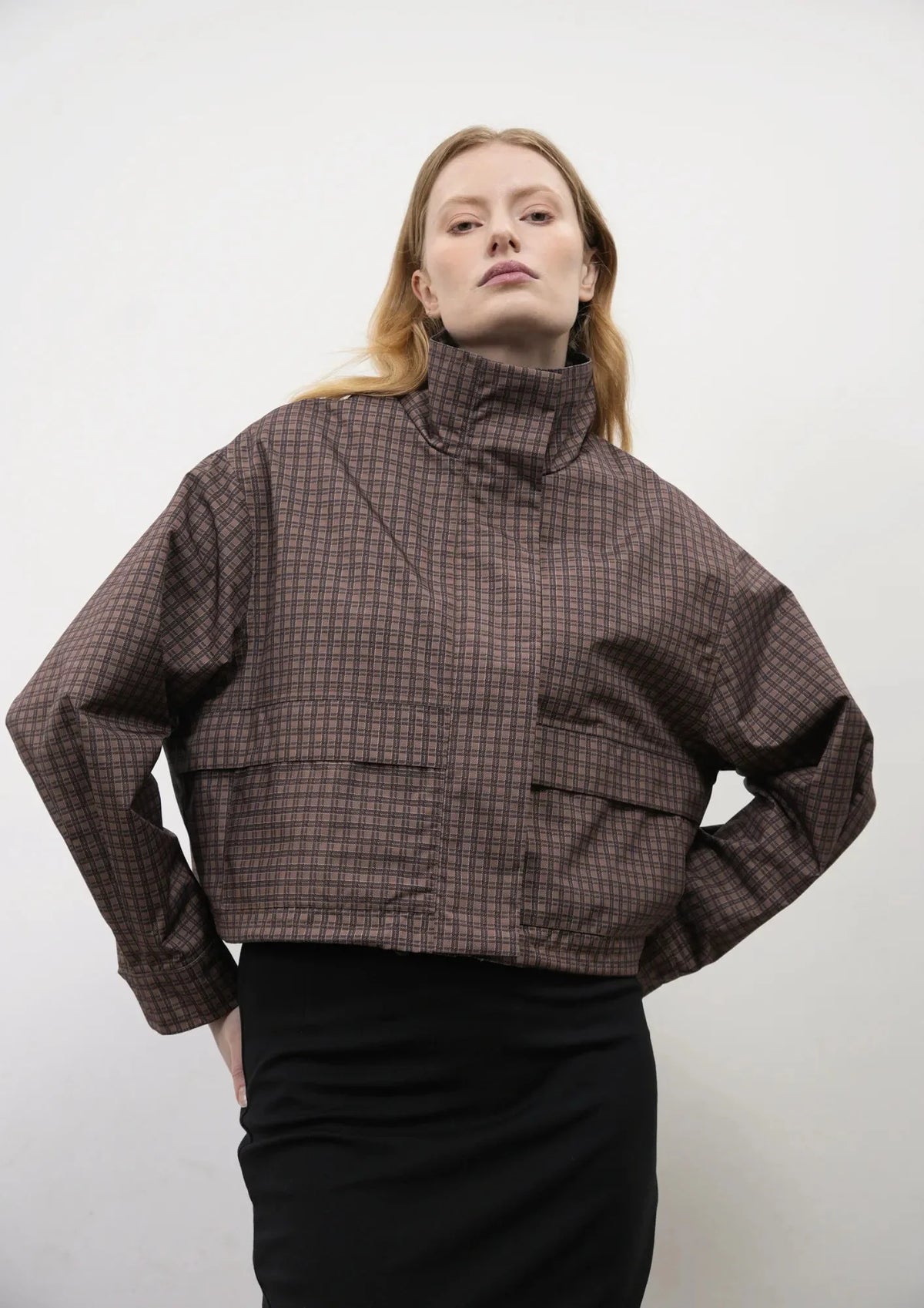 STM-TEX™ Brown Check Funnel Collar Waterproof Bomber Jacket