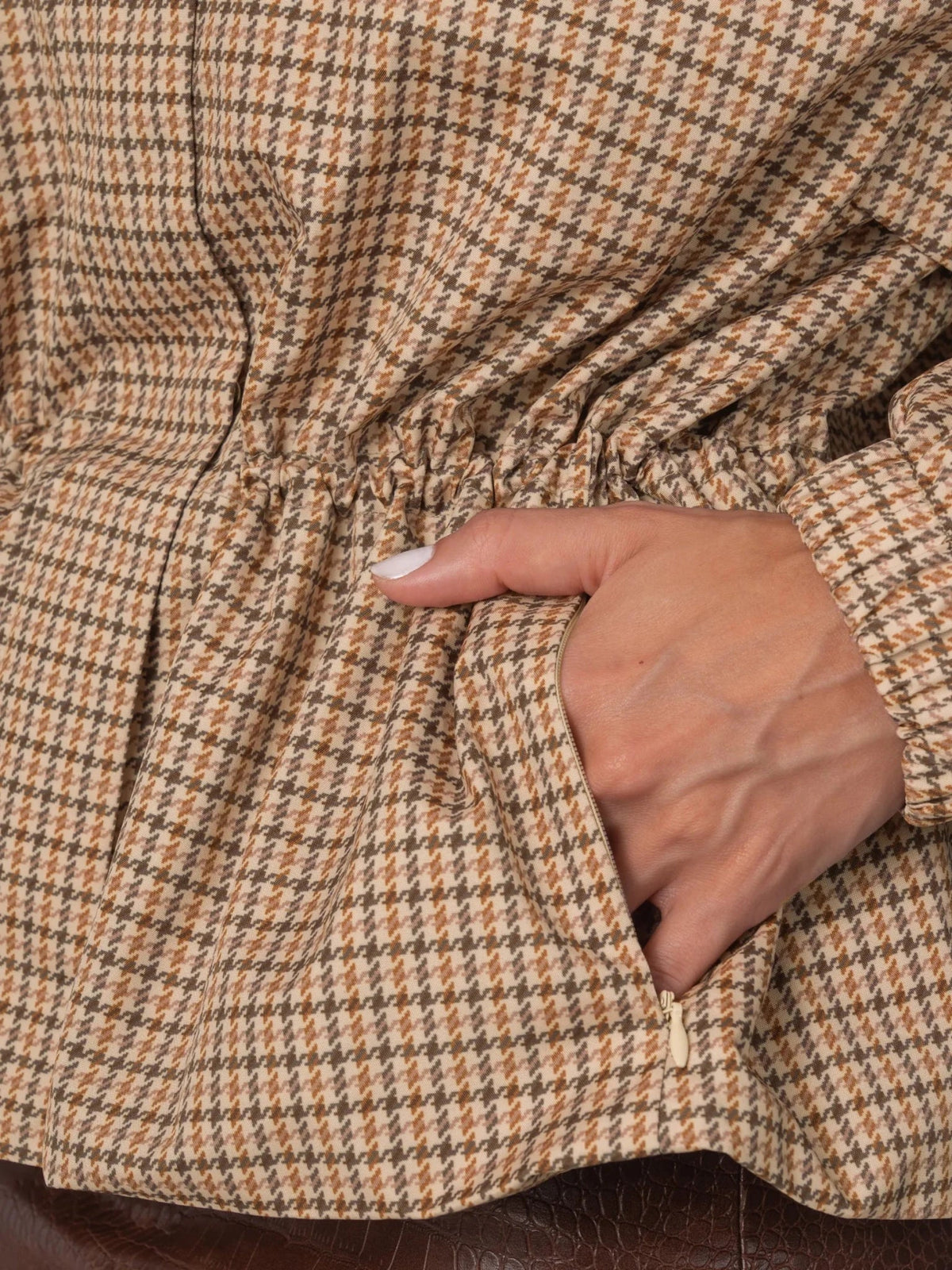STM-TEX™ Beige Houndstooth Short Drawstring Waist Rain Jacket
