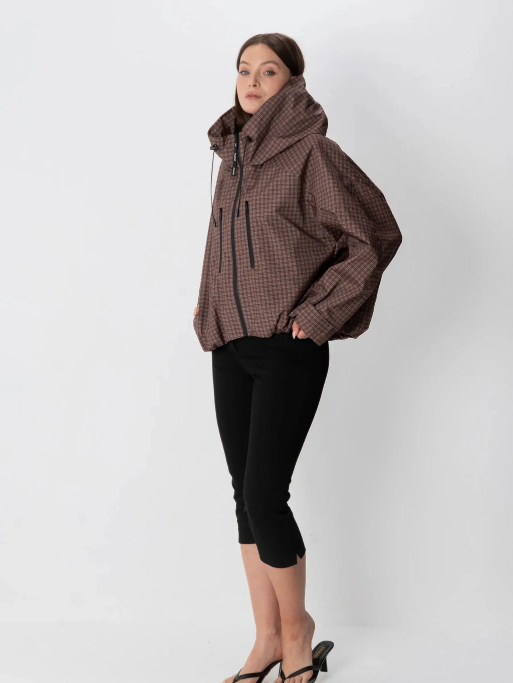 STM-TEX™ One Size Brown Check Short Oversized Rain Jacket