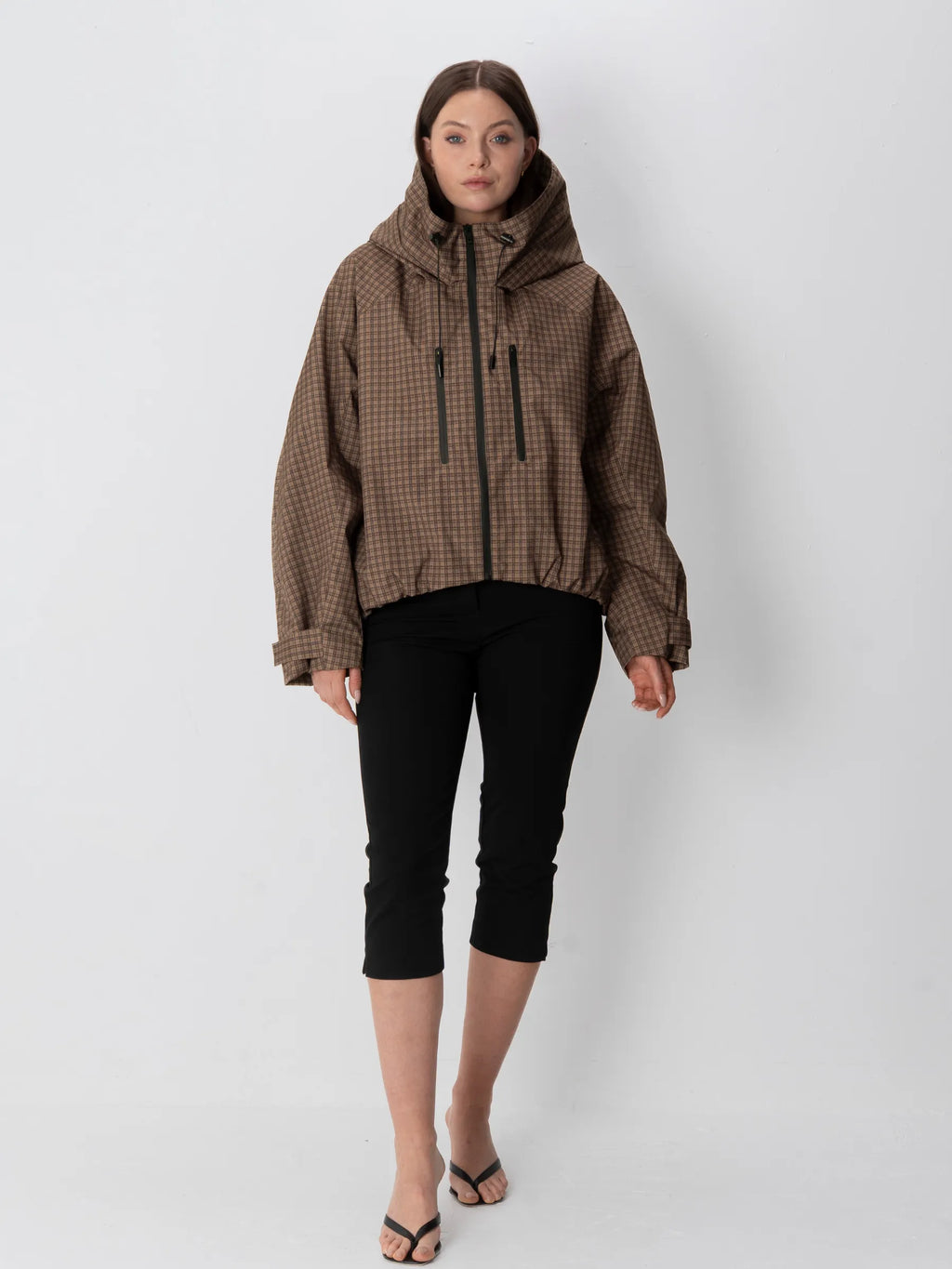 STM-TEX™ One Size Brown Check Short Oversized Rain Jacket