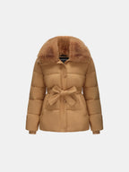 WarmCore™ Beige Elevated Detachable Faux Fur Collar Puffer With Belt