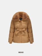 WarmCore™ Beige Elevated Detachable Faux Fur Collar Puffer With Belt