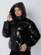 WarmCore™ Shiny Black Detachable Hooded Puffer Jacket