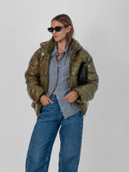 WarmCore™ Shiny Green Detachable Hooded Puffer Jacket